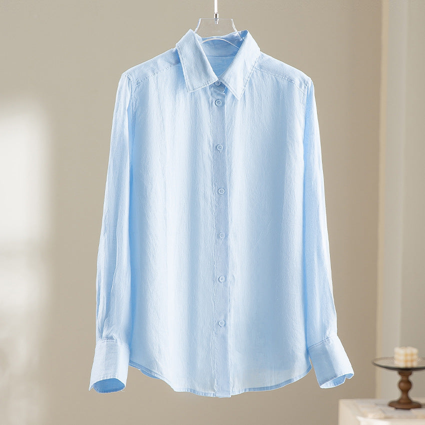 Damen Locker fallende Leinenmix-Bluse mit Hemdkragen und Manschetten Echoarchiv