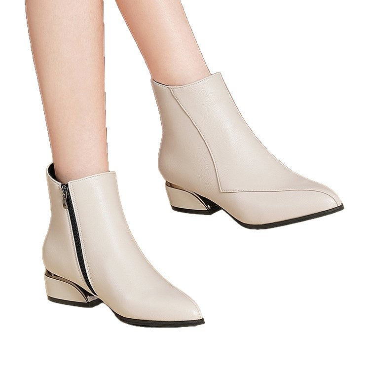 Damen Kurzstiefelette mit spitzer Zehenpartie und skulptiertem Blockabsatz – Varelle