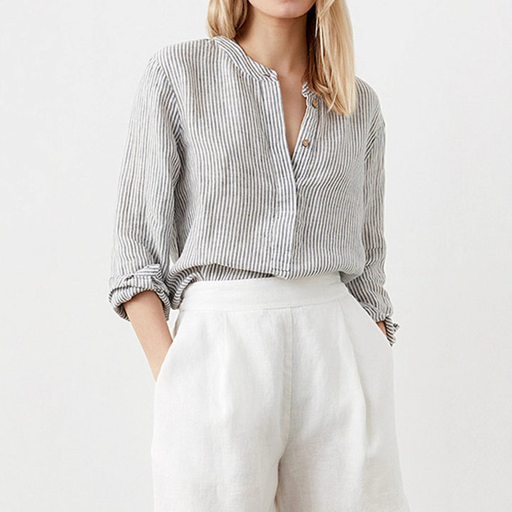 Damen Leichtes gestreiftes Tunika-Bluse mit Stehkragen und hohem Saum – Avérine