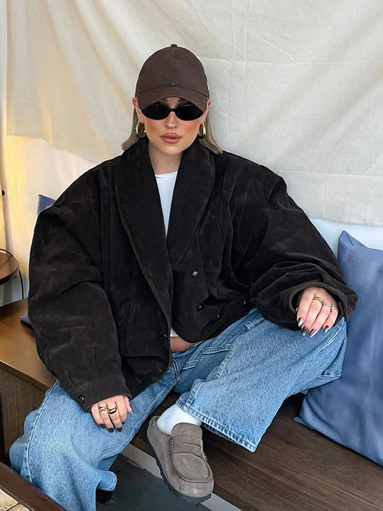 Damen Kurze Veloursleder‑Boxyjacke mit kimonoähnlichem Revers Echoarchiv