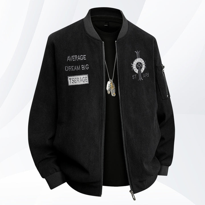 Men's textured ribbed bomber jacket with embroidered chest crest and zip sleeve pocket – Brevano