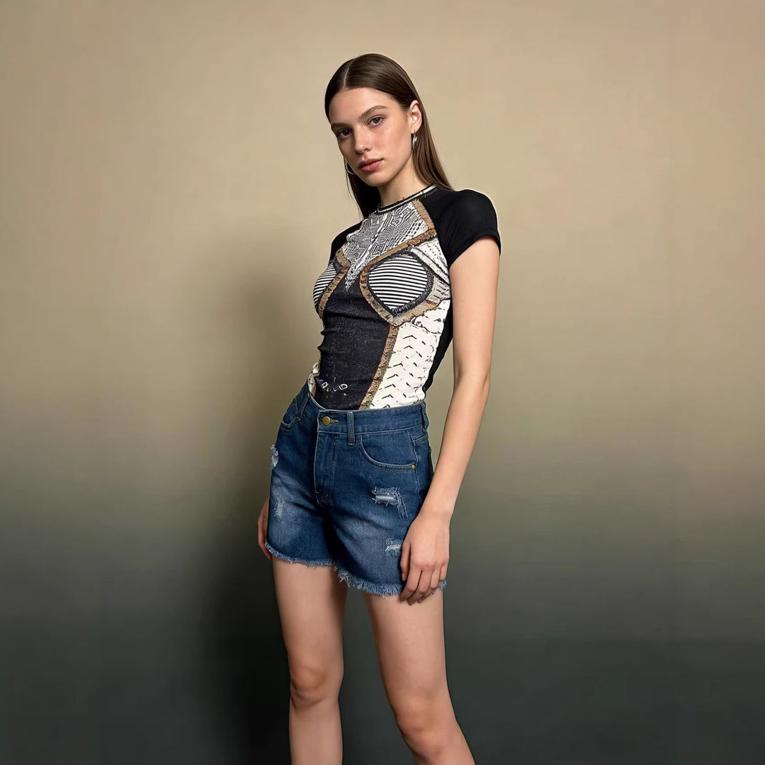 Damen Crop Top und High-Waist Jeans-Shorts Echo Archiv