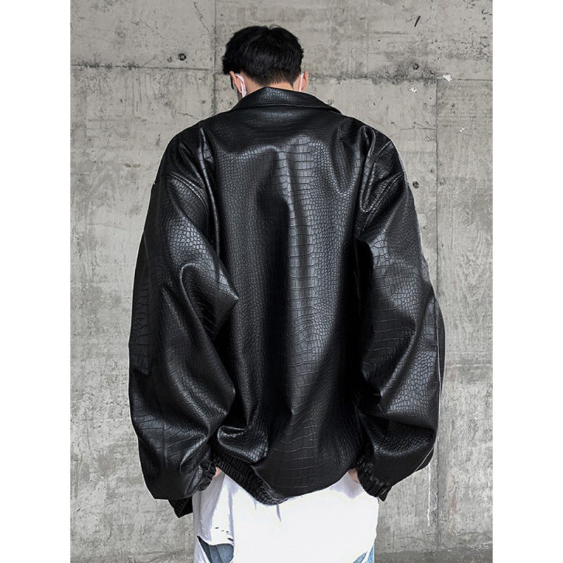 Herren Oversized Kunstlederjacke mit Krokodilprägung und Kontrastpaspel Echoarchiv