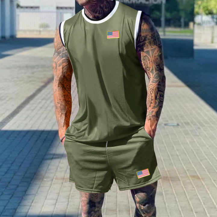Herren sportliches Tanktop und Shorts-Set mit dekorativem Flaggenmotiv Echoarchiv