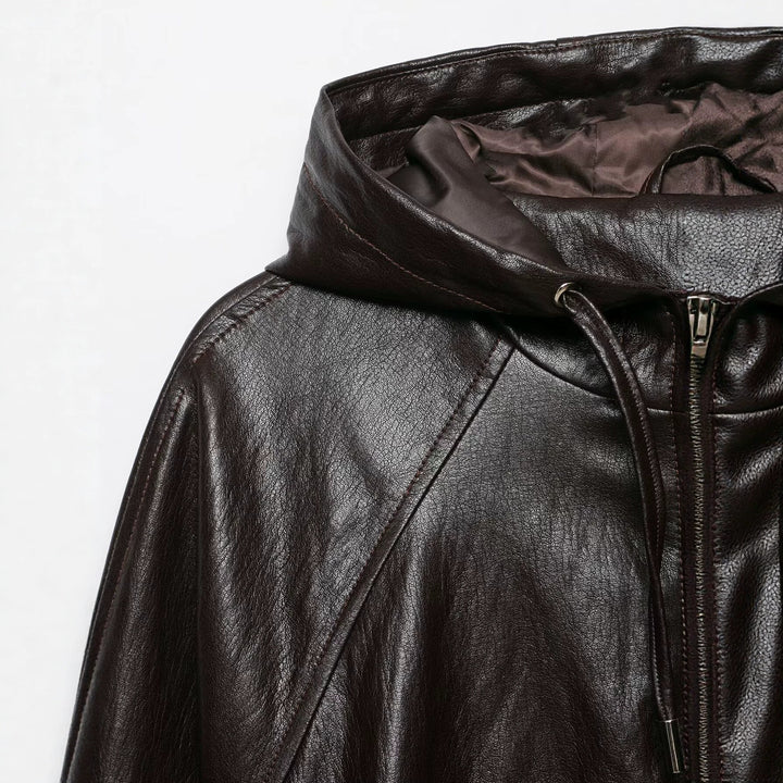 Damen kurze Kapuzen‑Lederoptikjacke mit Tunnelzug Raglanärmeln und Reißverschluss Echo Archiv
