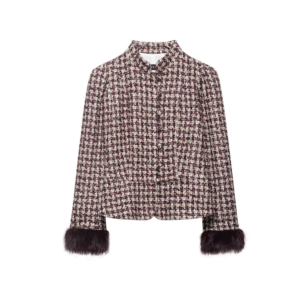 Damen Kurze Bouclé-Tweedjacke mit Stehkragen und Kunstpelzmanschetten Echo Archiv