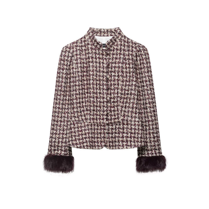 Damen Kurze Bouclé-Tweedjacke mit Stehkragen und Kunstpelzmanschetten Echo Archiv