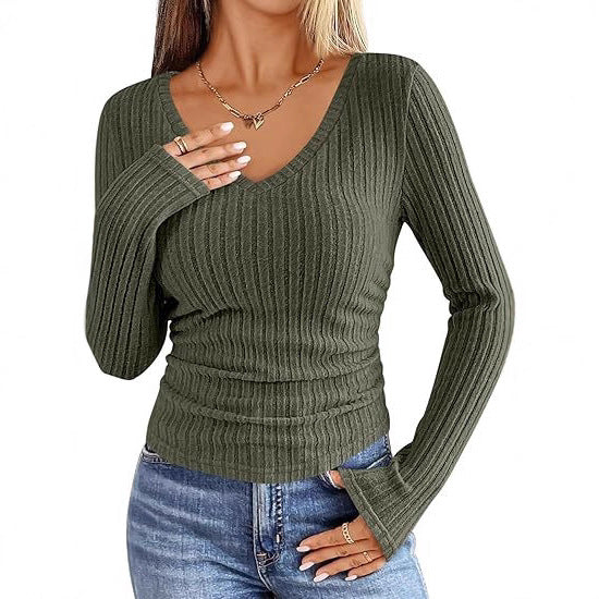 Damen Geripptes tailliertes Langarm-Feinstrickshirt mit V‑Ausschnitt und Ärmelschlitz Echo Archiv