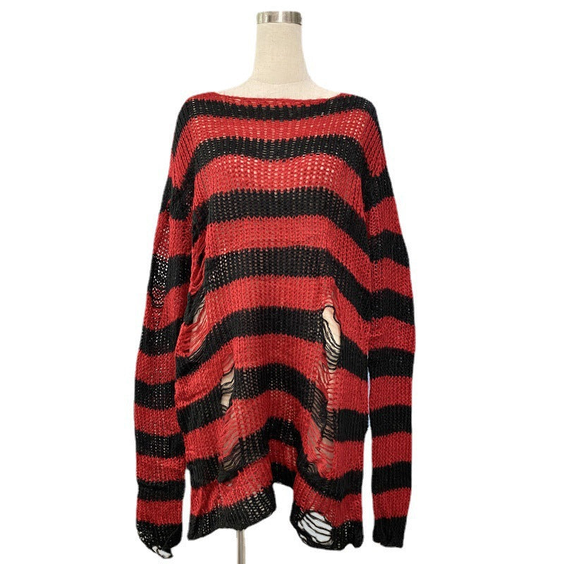 Damen nan Oversized Grobstrickpullover mit breiten Blockstreifen und aufgerissenem Design Echo Archiv