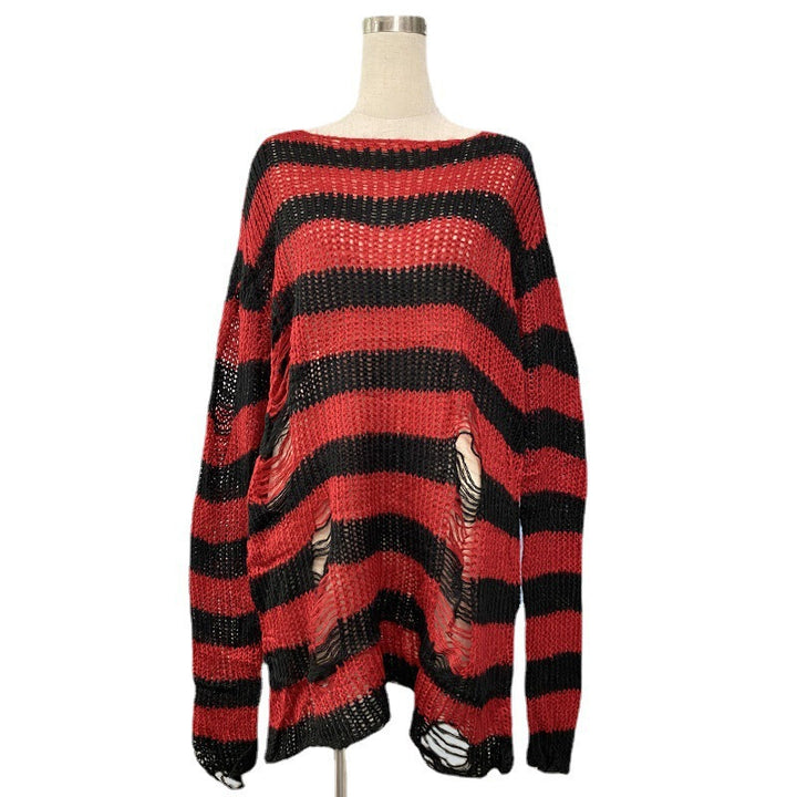 Damen nan Oversized Grobstrickpullover mit breiten Blockstreifen und aufgerissenem Design Echo Archiv
