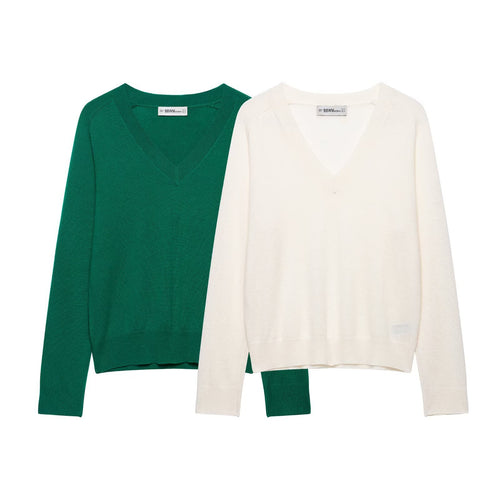 Damen Leichter V‑Ausschnitt Feinstrickpullover mit geripptem Saum Echoarchiv