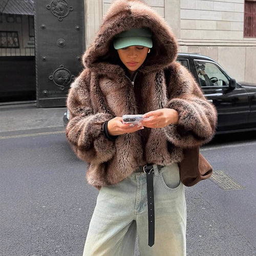 Damen Boxy-Kunstfell-Hoodie mit voluminöser Kapuze und lockerer Silhouette Echoarchiv