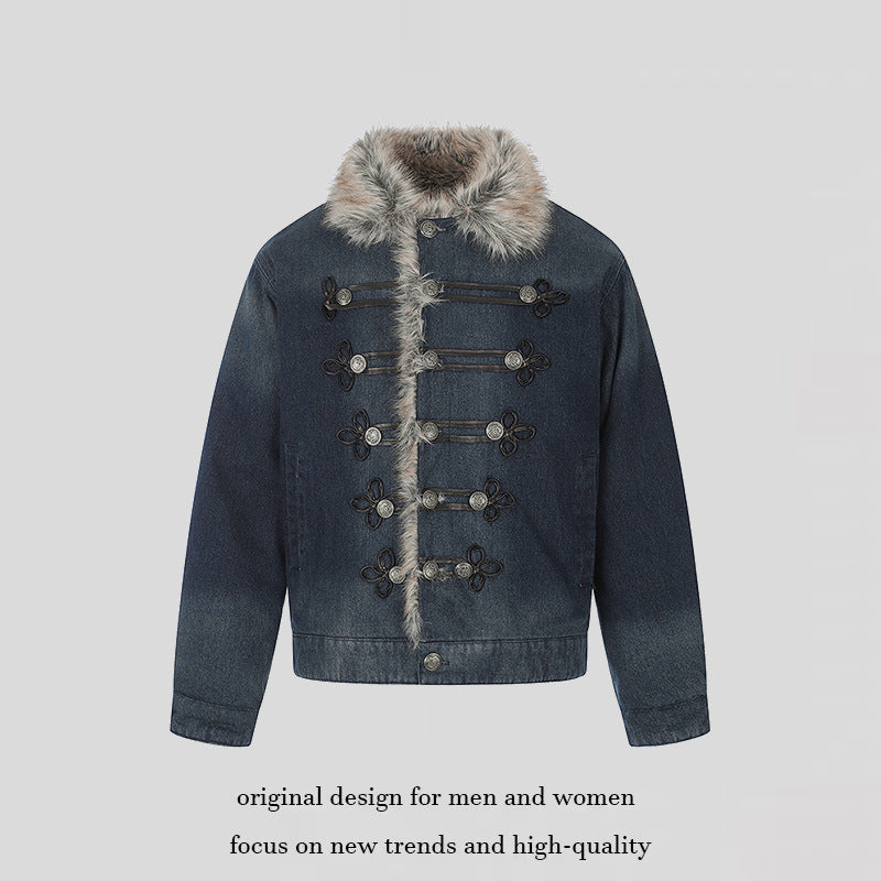 Damen Jeansjacke mit Kunstfellkragen und militärischen Zierknöpfen Echoarchiv