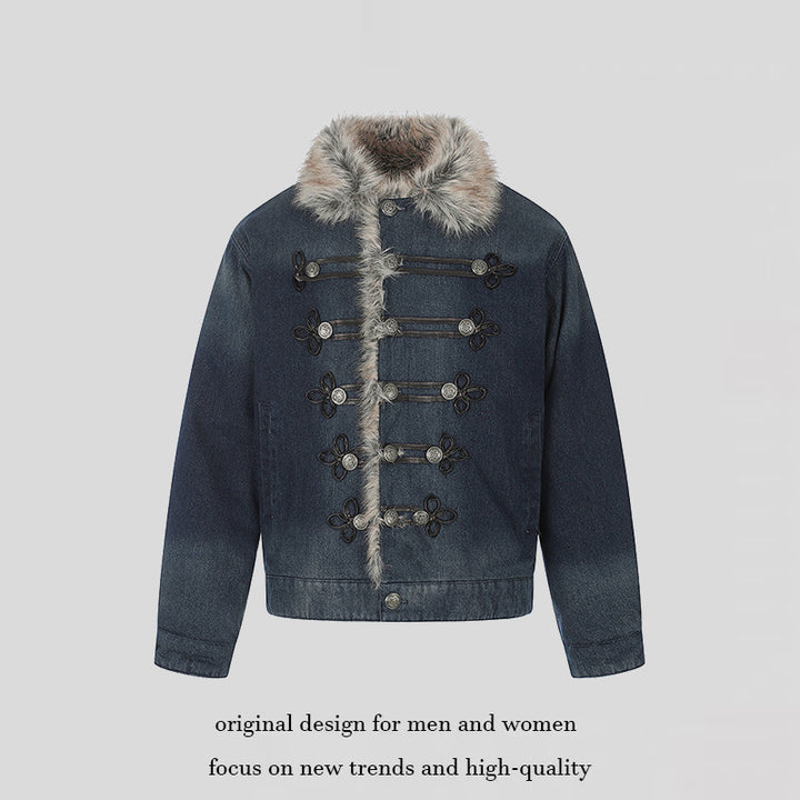 Damen Jeansjacke mit Kunstfellkragen und militärischen Zierknöpfen Echoarchiv