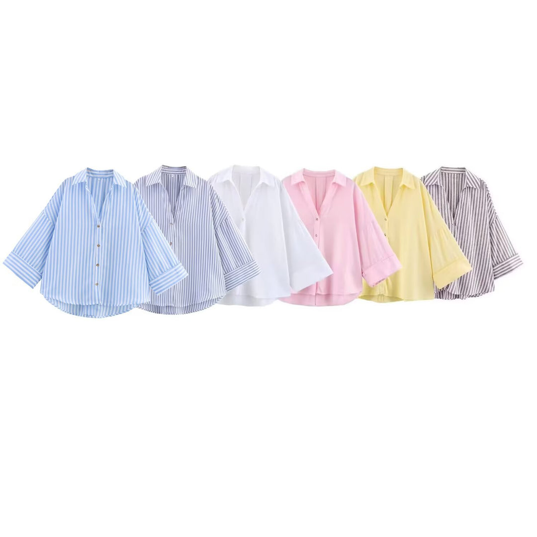 Damen nan oversized Streifen-Hemdbluse mit überschnittener Schulter, 3/4-Ärmel und verlängertem Rückensaum Echo Archiv