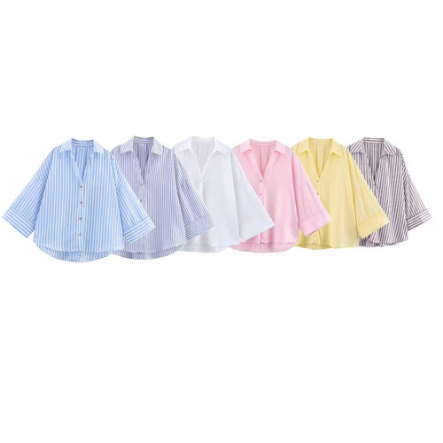 Damen nan oversized Streifen-Hemdbluse mit überschnittener Schulter, 3/4-Ärmel und verlängertem Rückensaum Echo Archiv