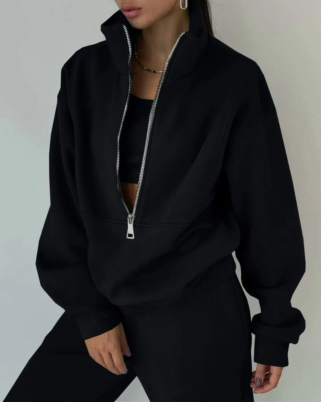 Damen Oversized Halbzip-Sweatshirt mit Stehkragen und passender High-Waist-Jogginghose Echoarchiv