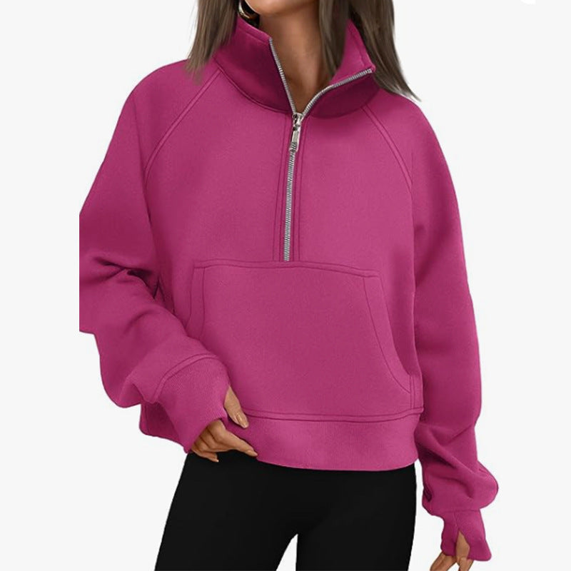 Damen nan kurzer Halfzip-Sweater mit hohem Stehkragen, Kängurutasche und verlängerten Daumenlöchern Echo Archiv