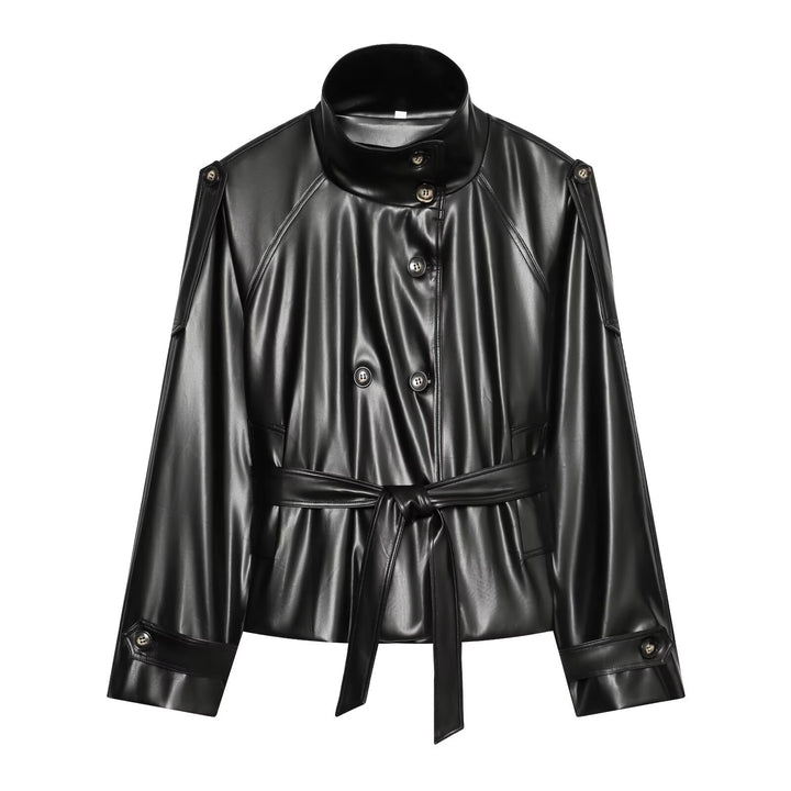 Damen Kurzer Trench‑Blouson in Lederoptik mit Taillengürtel, hohem Stehkragen und doppelter Knopfleiste Echo Archiv