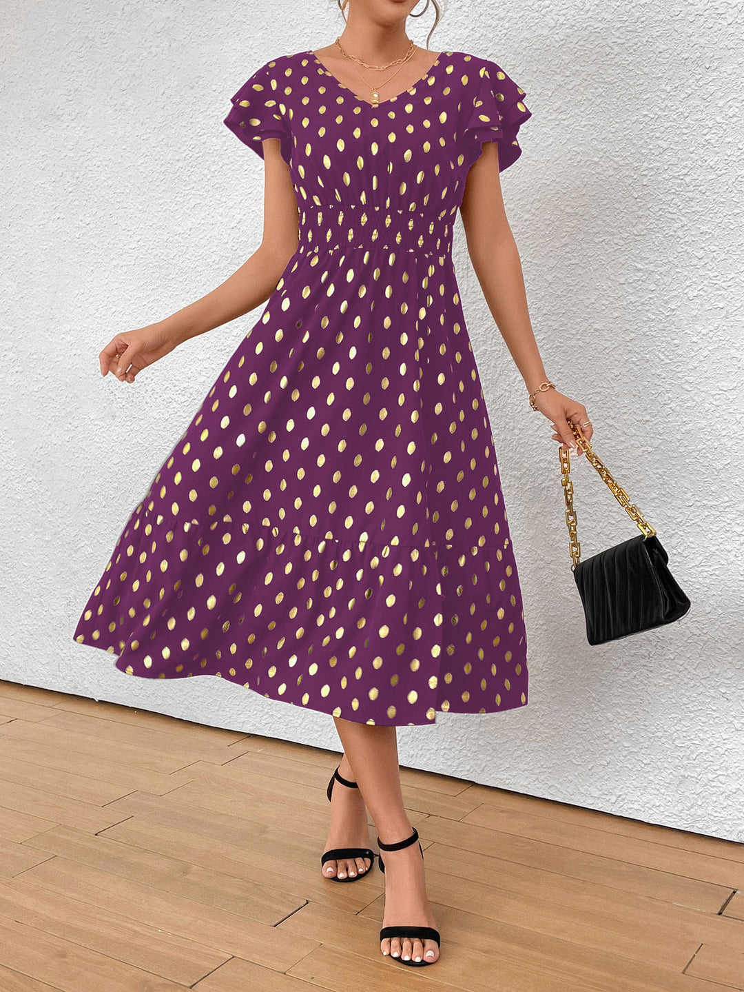 Damen Maxikleid mit Rüschendetails und schimmerndem Punktmuster Echo Archiv