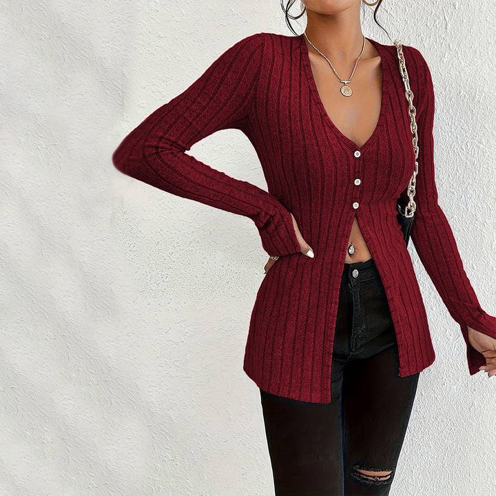 Damen gerippter V-Ausschnitt-Cardigan mit Knopfleiste taillierter Longline-Silhouette – Veloura