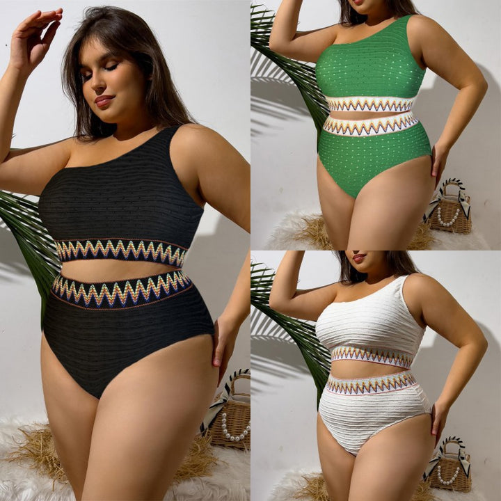 Damen Sportlicher Zweiteiliger Badeanzug mit einzigartigem Cut-Out-Design und buntem Bannermuster Echo Archiv