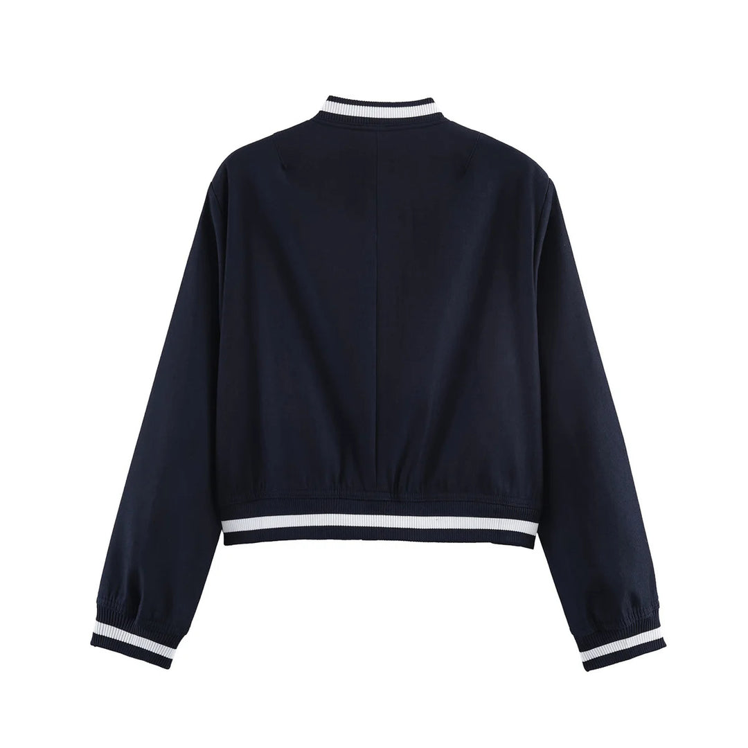 Damen nan kurzgeschnittene Bomberjacke im Varsity-Stil mit Rippbündchen und Druckknopfverschluss Echo Archiv