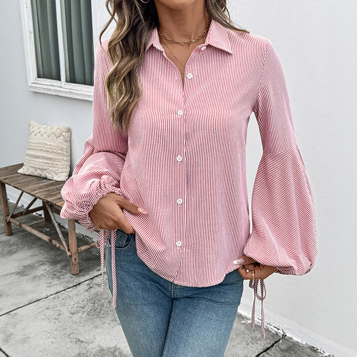 Damen Leichte Nadelstreifen-Hemdbluse mit Kordel-Ballonärmeln Echoarchiv