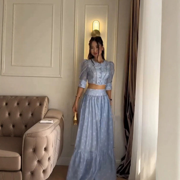 Damen Zweiteiliges Chiffon-Set mit Cropped-Puffbluse und Stufen-Maxirock Echoarchiv