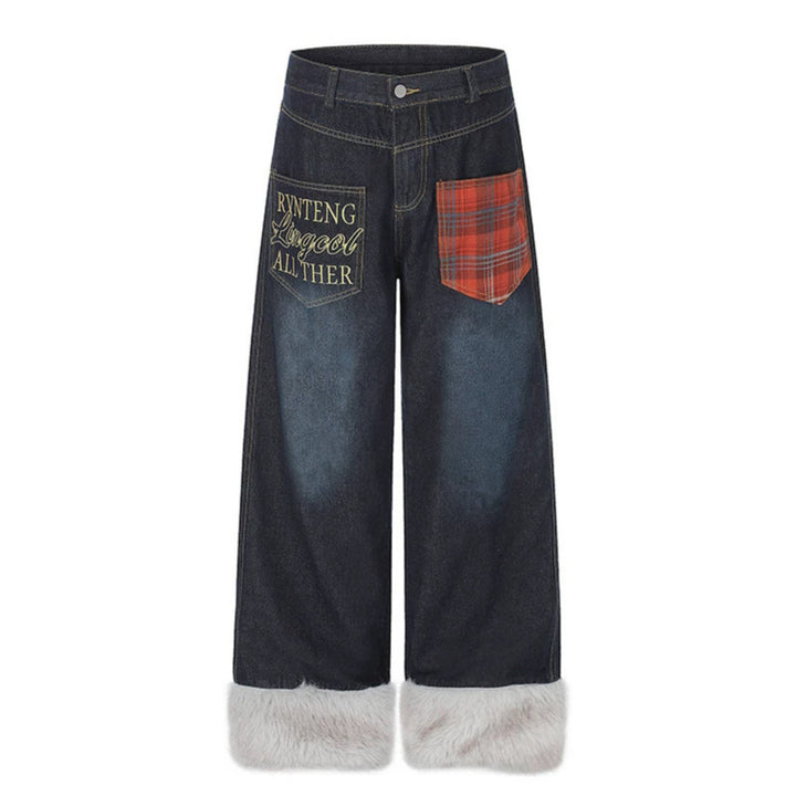 Damen weite hochgeschnittene Denim-Palazzohose mit Karopatchtasche und Kunstfellbesatz am Saum Echoarchiv