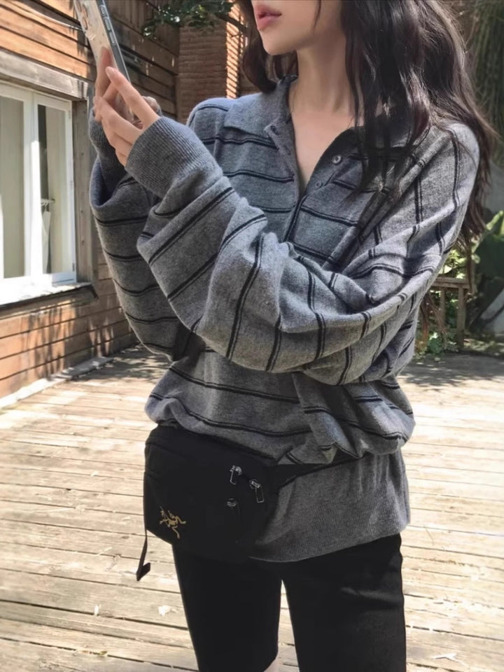 Damen Oversize-Polokragen-Strickpullover mit Streifen und halber Knopfleiste Echoarchiv