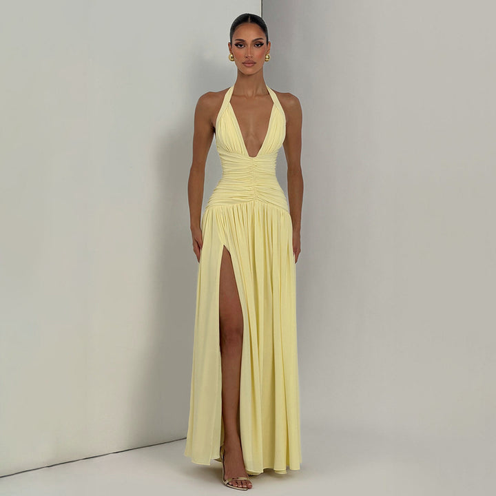 Damen Maxikleid mit tiefem V-Ausschnitt und figurbetonter Raffung Echo Archiv