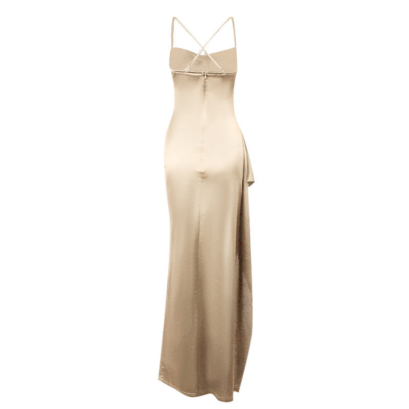 Damen elegantes Satin-Kleid mit tiefem Schlitz und verstellbaren Spaghetti-Trägern Echo Archiv