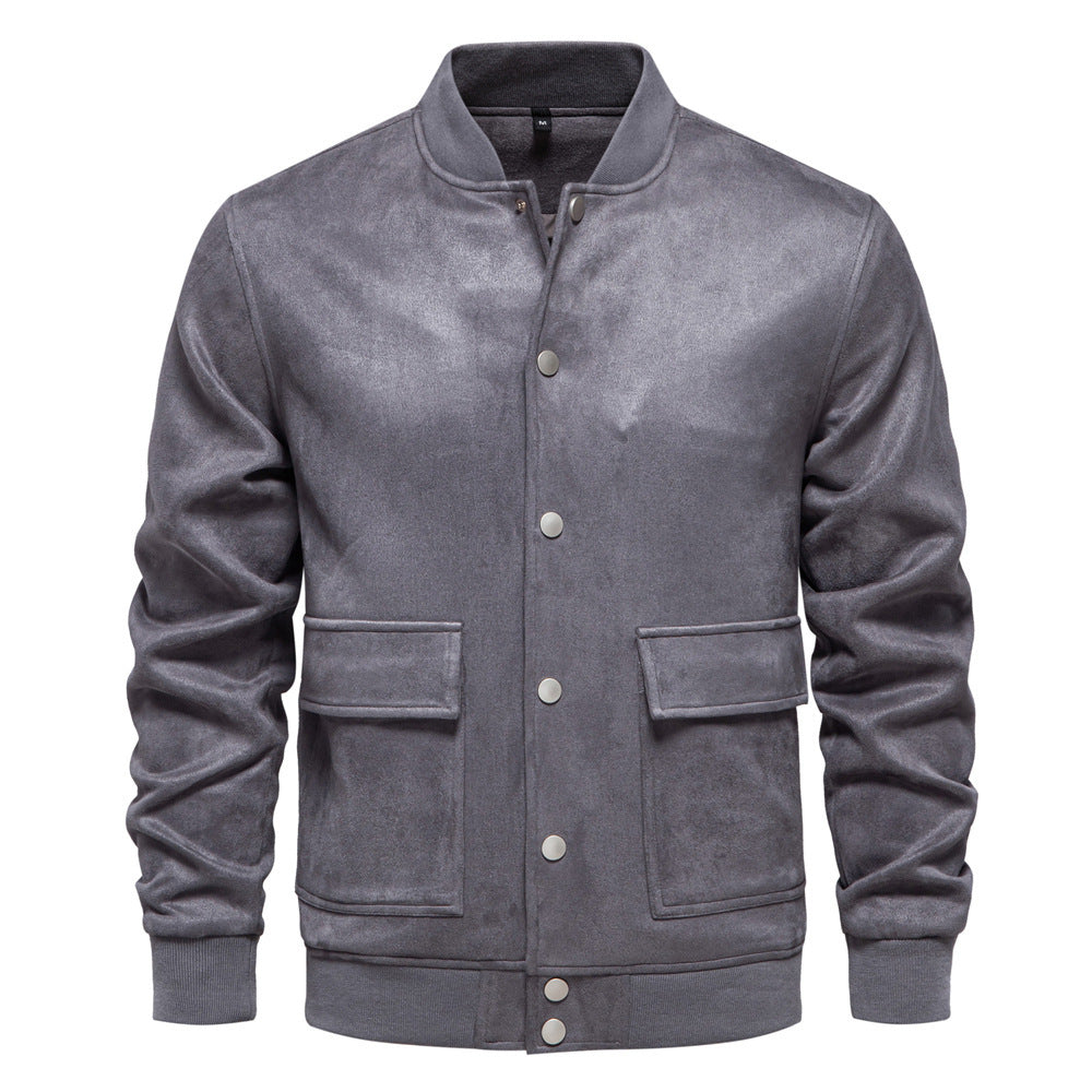 Herren nan Wildlederoptik-Collegejacke mit Druckknopfverschluss, Pattentaschen und geripptem Saum Echo Archiv