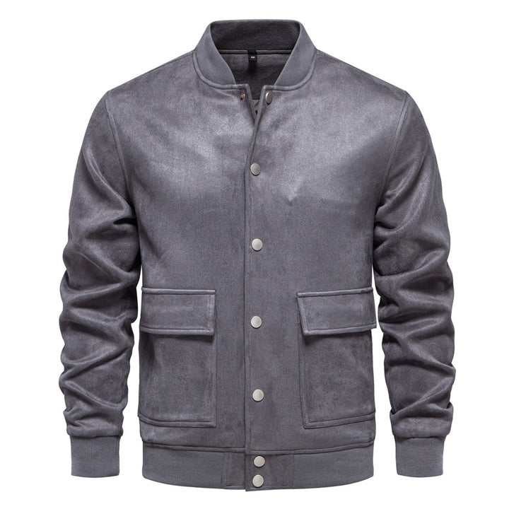 Herren nan Wildlederoptik-Collegejacke mit Druckknopfverschluss, Pattentaschen und geripptem Saum Echo Archiv