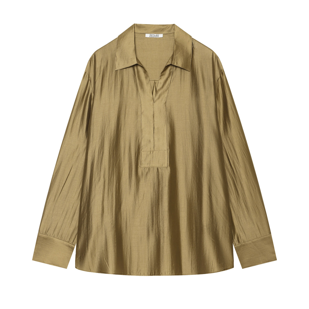 Damen Oversize‑Glanzbluse aus seidenartigem Stoff mit V‑Ausschnitt und verdeckter Knopfleiste Echo Archiv
