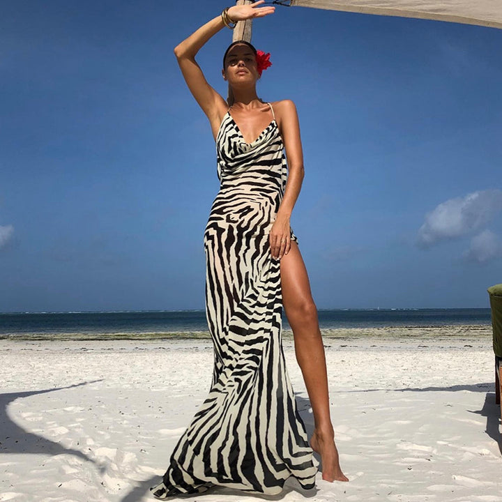Damen Maxi-Strandkleid mit elegantem Wasserfall-Ausschnitt und hohem Schlitz Echo Archiv
