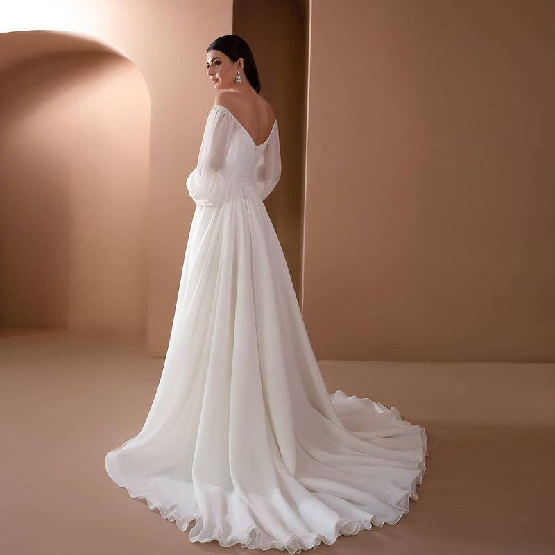Romantisches Off-Shoulder Langarm Weißes Brautkleid für Hochzeit | Echoarchiv