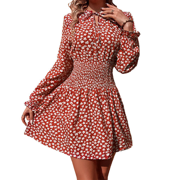 Damen Kurzblusenkleid mit Smok-Taillenpartie, Rüschenkragen und langen Ärmeln Echoarchiv