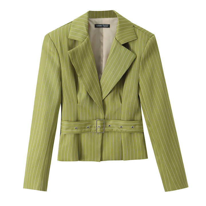 Damen Taillierter Cropped-Blazer mit Nadelstreifen, breitem Bindegürtel und tiefem Revers Echo Archiv