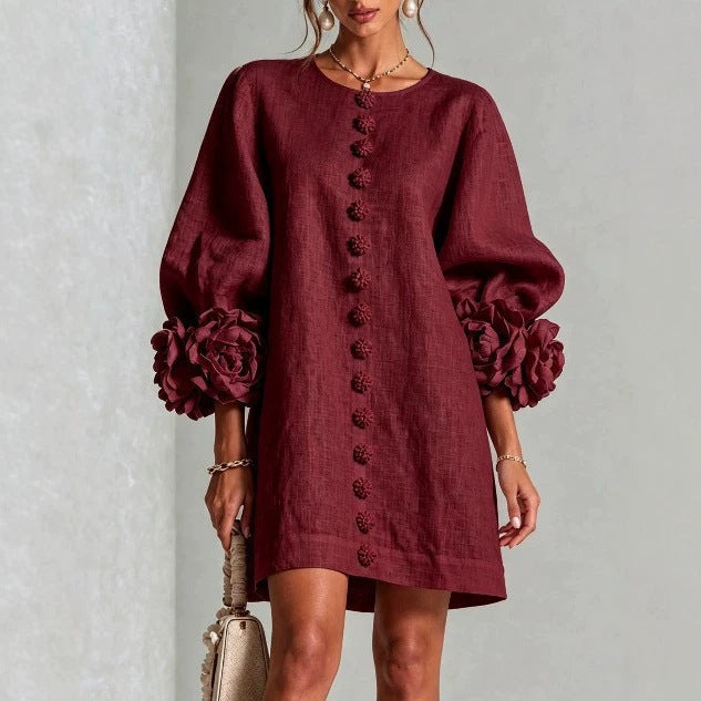 Damen Midikleid mit voluminösen Puffärmeln, 3D-Blütenknopfleiste und Leinenstruktur Echoarchiv