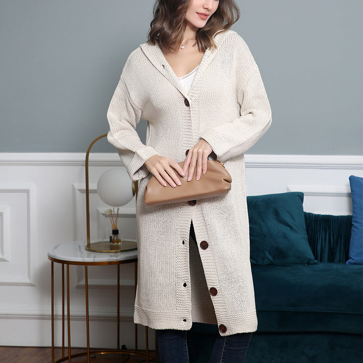 Damen Kapuzen-Longcardigan aus mitteldickem Rippstrick mit durchgehender Knopfleiste und lockerem Oversize-Schnitt Echo Archiv