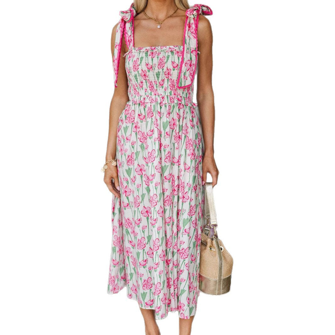 Damen Sommerkleid mit Raffung und schulterlangen Bindebändern Echo Archiv