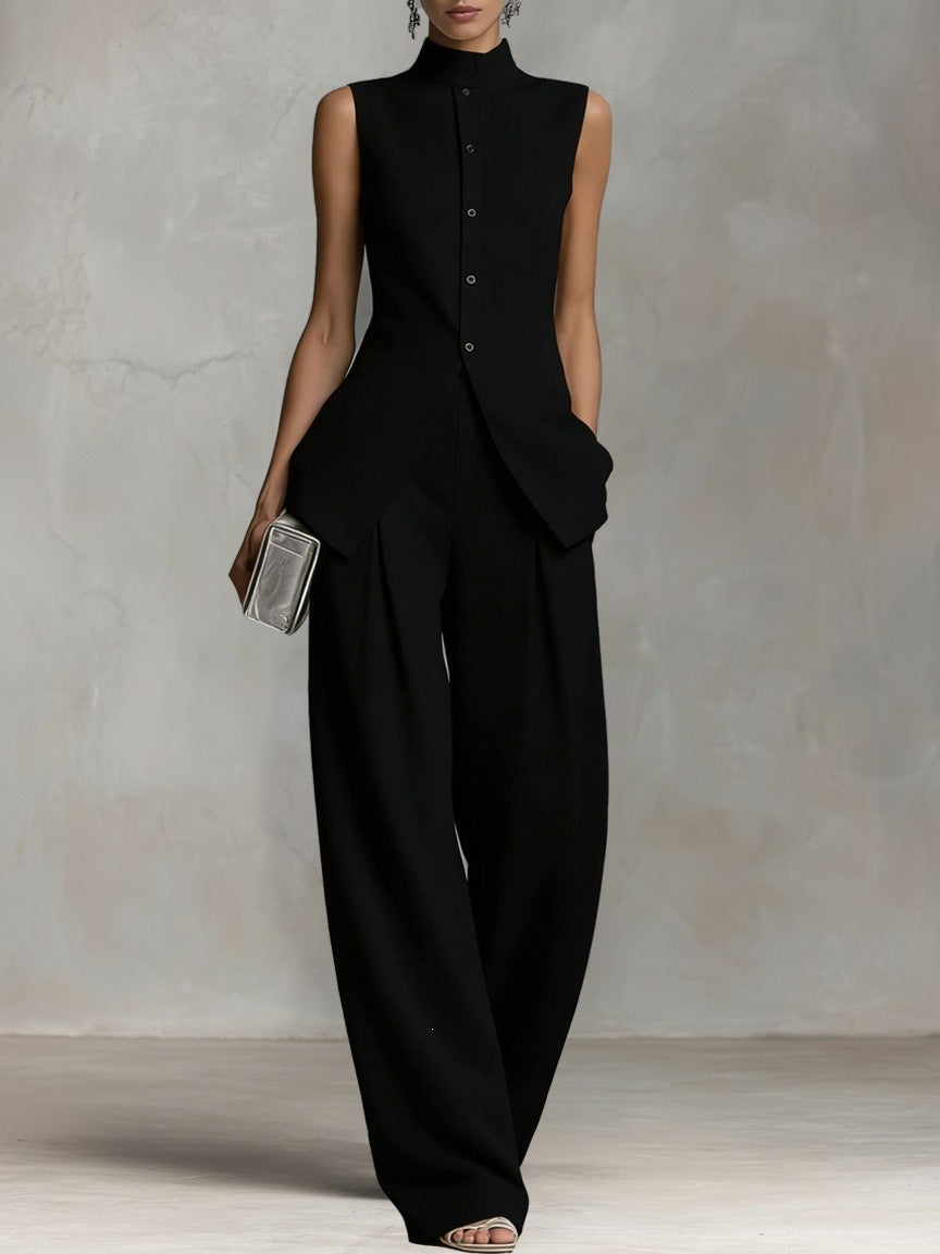 Damen Eleganter suit mit hochgeschlossenem Kragen und weitem Bein Echoarchiv