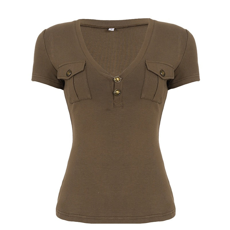 Damen Kurzarmshirt mit Knopfdetails und seitlichen Taschen Echo Archiv