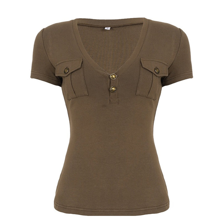 Damen Kurzarmshirt mit Knopfdetails und seitlichen Taschen Echo Archiv
