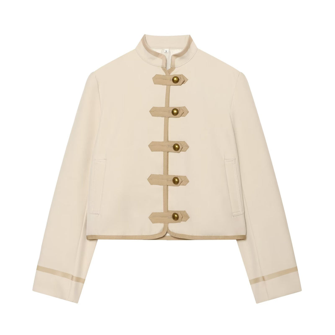 Damen Kurze taillierte Jacke mit Mandarinkragen und dekorativen Laschen Echo Archiv