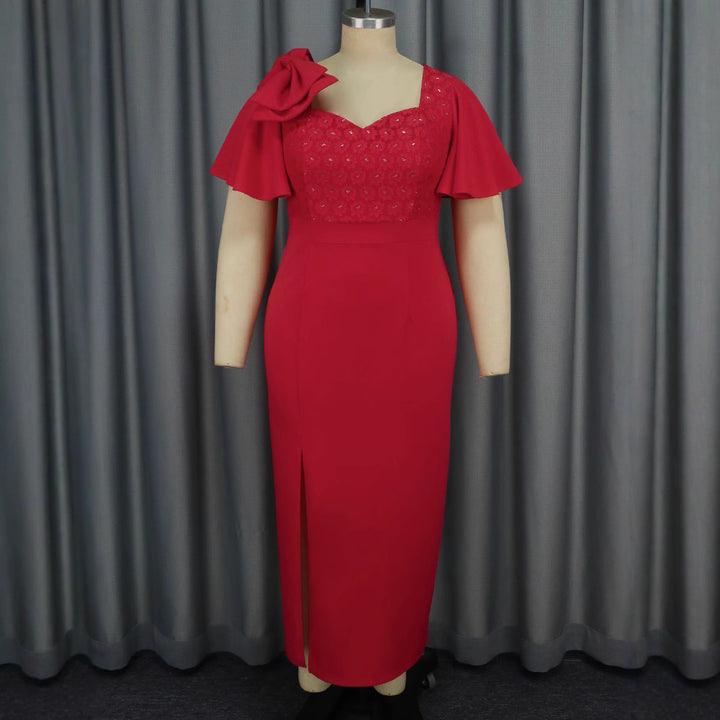 Damen Elegantes Abendkleid mit floralem Spitzenoberteil und voluminösen Rüschensäumen Echo Archiv