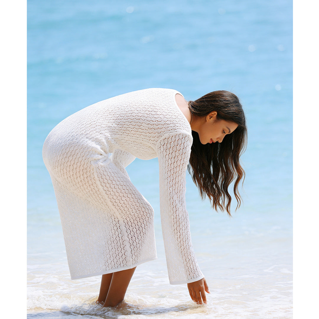 Damen Häkel-Strandkleid mit raffiniertem Keyhole-Ausschnitt und langen Ärmeln Echo Archiv