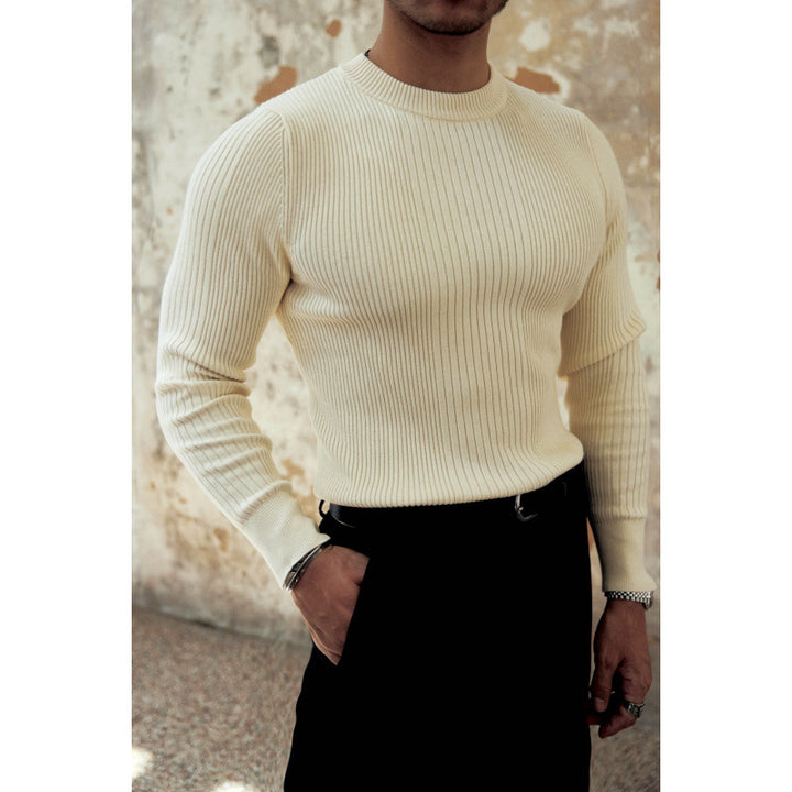 Herren Figurbetonter Rippstrick-Pullover mit Rundhalsausschnitt Echoarchiv